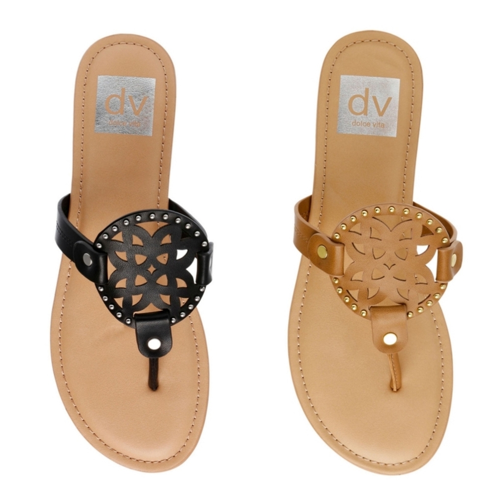 DV Dolce Vita Medallion Laser Cut Slip On Sandals Vegan Leather Black Brown